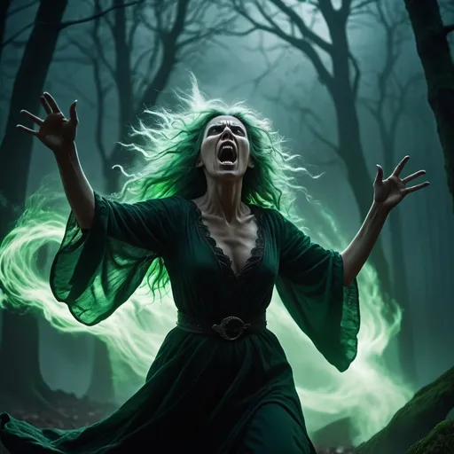 Prompt: A (vengeful witch) screaming in fury, her features illuminated by eerie moonlight, intense expression of rage, wild hair flowing, dark flowing robes swirling ominously, a misty forest surrounding her, vibrant green glow emanating from her raised hands, high contrast shadows enhancing her dramatic stance, mood is tense and power-filled, (ultra-detailed), (4K), mystical ambiance.