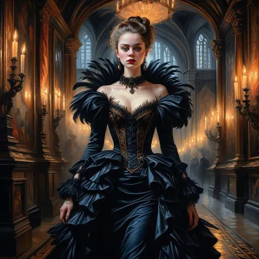 Prompt: High-quality oil painting of a lady wearing a striking costume , heading toward an  gothic themed party, dark velvet curtain  around, hauntingly beautiful dim candlelight, intricate details in the costume like feathers and ruffles, a mysterious ambiance all around, ultra-detailed, rich colors with deep contrasts, showcasing her confident stride against a backdrop of ornate gothic architecture.