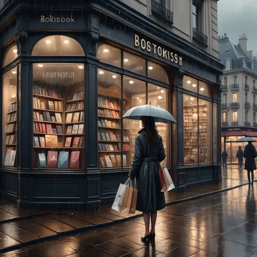 Prompt: A dark tone painting of a lady standing in front of a charming bookstore while holding her shopping bags , gloomy rainy day atmosphere, overcast skies, soft raindrops glistening, cozy ambiance, warm indoor lights glowing through windows, streets glistening with rainwater, emotional expressions of longing, ultra-detailed, high quality 4K, cinematic depth, poignant elegance, Parisian style.