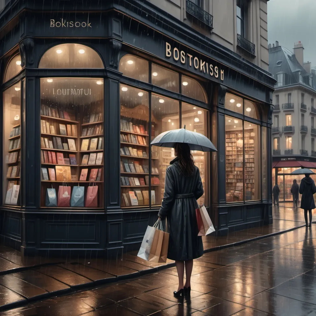 Prompt: A dark tone painting of a lady standing in front of a charming bookstore while holding her shopping bags , gloomy rainy day atmosphere, overcast skies, soft raindrops glistening, cozy ambiance, warm indoor lights glowing through windows, streets glistening with rainwater, emotional expressions of longing, ultra-detailed, high quality 4K, cinematic depth, poignant elegance, Parisian style.