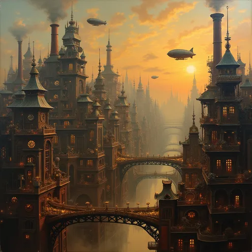 Prompt: A detailed oil painting of a sprawling steampunk clockwork city at twilight, bathed in warm, amber hues and glowing with intricate gears, cogs, and steam vents. Towering metal structures with Victorian architecture blend seamlessly with mechanical innovations, smoke billowing from chimneys and airships drifting overhead. The scene exudes a sense of bustling activity and industrial elegance, with soft, diffuse lighting creating dramatic shadows and highlights on the mechanical marvels. A sense of awe and nostalgia pervades this vibrant, bygone-era metropolis, rendered in rich, textured brushstrokes that emphasize the elaborate craftsmanship of this steampunk wonderland. Artistic style inspired by cinematic realism and romanticized industrial art.
