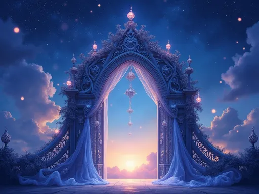 Prompt: Imagine a stunning fashion gate, intricately crafted with ethereal designs that shimmer with celestial motifs. The scene is set against a twilight sky, where hues of deep indigo and soft lavender blend seamlessly, scattering stardust across the horizon. Glowing orbs hang delicately from the gate’s ornate arches, casting a warm, inviting light that dances off the delicate patterns of interstellar swirls. A gentle breeze whispers through, causing the fabric drapes of luxurious silks and transparent gossamer to flutter gracefully, reflecting shades of midnight blue and silver. The celestial style evokes a sense of magical elegance, as if the gate is not just an entrance but a portal to another realm. This enchanting atmosphere is captured in a dreamy watercolor illustration, enhancing the otherworldly beauty of the scene.