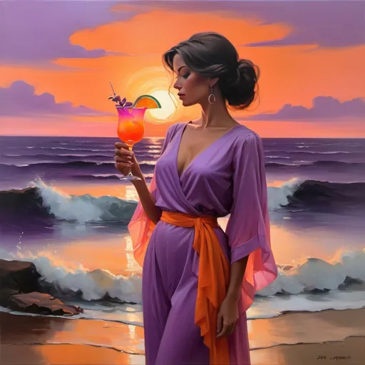 Prompt: A stunning oil painting of a lady gazing contemplatively at a vibrant sunset, holding a refreshing cocktail in one hand. The scene exudes a warm, tranquil ambiance with rich hues of orange, pink, and purple illuminating the sky. Soft brush strokes enhance the serene mood, capturing the gentle waves in the background. The elegant lady, dressed in a flowing sundress, reflects a moment of blissful relaxation in this ultra-detailed masterpiece.