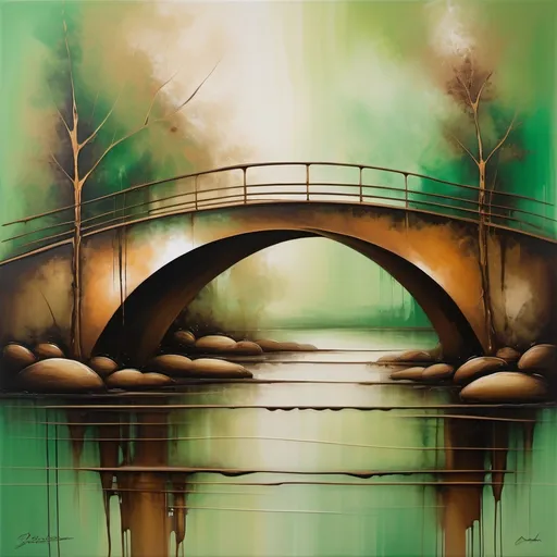 Prompt: (Abstract painting of a bridge  ), softly blended (green and brown tones), organic shapes and textures, rich depth and contrasts, fluid brushstrokes, creating a harmonious and earthy ambiance, soothing yet vibrant atmosphere, inviting emotional connection, high-resolution, ultra-detailed, captivating visual experience, art that evokes nature’s tranquility and rustic charm.