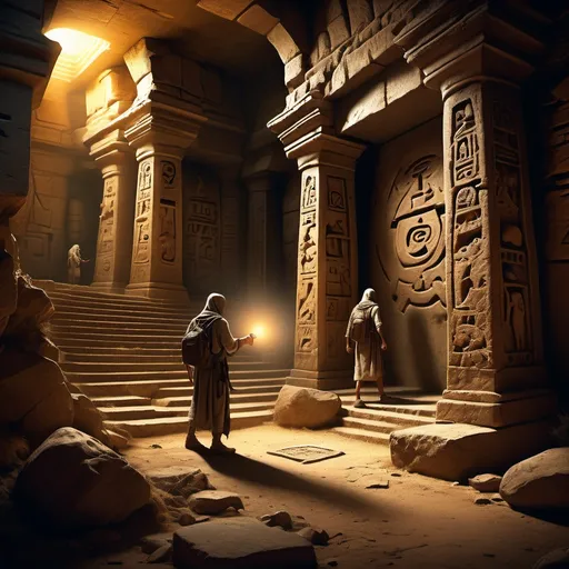 Prompt: Treasure hunters in the ancient lost tomb, (mysterious atmosphere), dimly lit, dusty stone walls, intricate hieroglyphs, scattered artifacts, vines creeping through cracks, distant torchlight flickering, shadows dancing, mysterious symbols, adventure feel, haunting echoes, (discovery and exploration themes), ultra-detailed, high-quality, vivid textures, captivating composition.