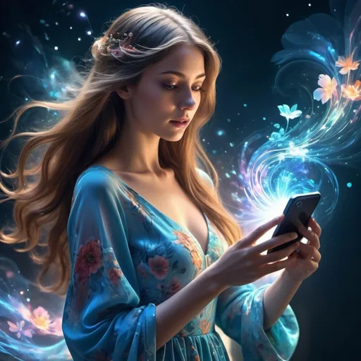 Prompt: (magic emitting from a smartphone application), glowing light effects, dazzling colors, vibrant particles swirling around the phone, a curious lady in the blue floral dress is interacting with the screen, ethereal ambiance, futuristic technology elements, whimsical atmosphere, dazzling aura, intricate details, soft shadows, (high quality, ultra-detailed). A lady has the long flowing hair. 