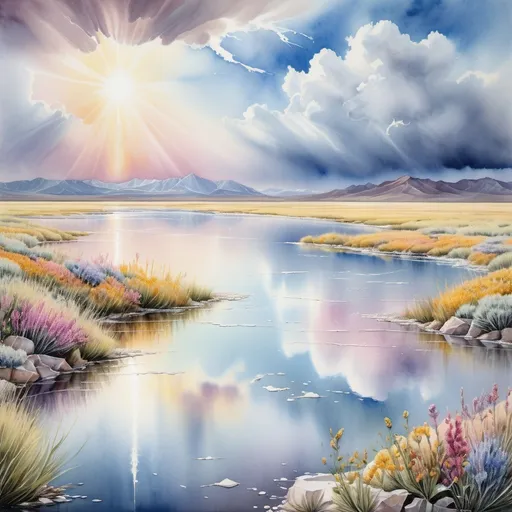 Prompt: (opulent watercolor painting) of a salt lake, glistening under a (brilliant sun), capturing shimmering reflections, delicate textures of crystalline salt, surrounded by (vibrant wildflowers), soft pastel tones merging with (stormy clouds) above, creating a tranquil yet dramatic atmosphere, enchanting scenery, (highly detailed), natural beauty, peaceful vibe, embodying serenity, evocative landscape, inviting viewer to experience.