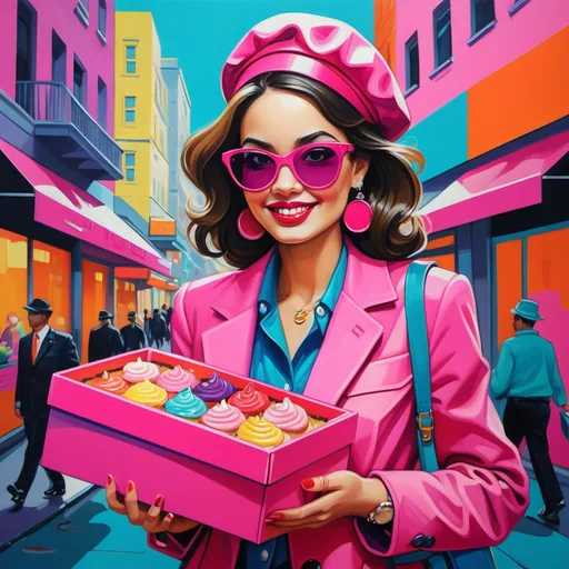 Prompt: (pop painting), a stylish lady carrying a (vibrant pink box) of dessert, expressive colors with (bold outlines), bright and playful atmosphere, cheerful ambiance, attention to the detail of her outfit, vibrant accessories, colorful background features reminiscent of city life, eye-catching composition, (highly detailed) artwork, modern artistic style.