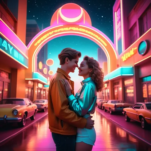 Prompt: (ultra-detailed) young couple, romantic embrace, beaming smiles, retro futuristic setting, colorful neon lights, vintage technological elements, vibrant cityscape, dreamy ambiance, warm glowing hues, sleek curves, nostalgic architecture, 1980s-inspired fashion, whimsical atmosphere, soft focus lighting, love and happiness, cinematic depth, adventure under stars, photo frame