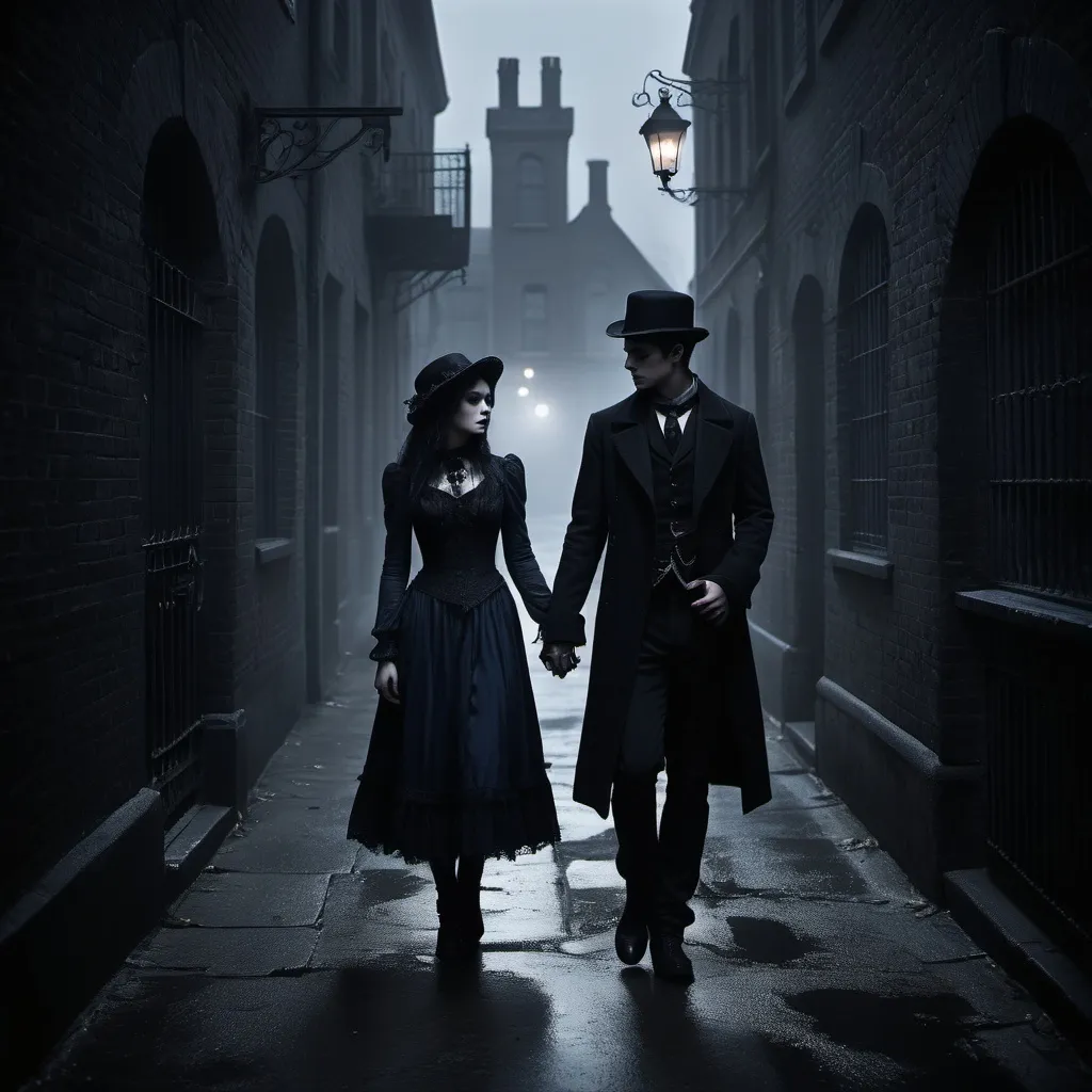 Prompt: A young couple in a secret rendezvous, misc-gothic style, dark color scheme, dim and haunting lighting, romantic and mysterious atmosphere, shadows adding depth and intrigue, background of a desolate, eerie alley with fog, subtle Victorian elements, high contrast between the couple and background, muted dark tones like deep blues and blacks, and dark grays, ultra-detailed, high resolution, cinematic quality.