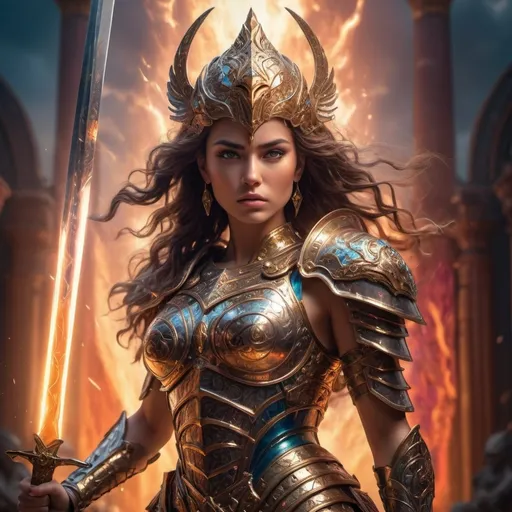 Prompt: (goddess in majestic armor), powerful stance with sword in her hand , ethereal glow, intricate detailing of armor, fierce and determined expression, surrounded by a vibrant aura, dramatic lighting, rich textures, monumental empire backdrop, fiery, sweeping skies with deep color tones, (epic mood), highly detailed and dynamic composition, 4K, ultra-detailed, cinematic masterpiece.