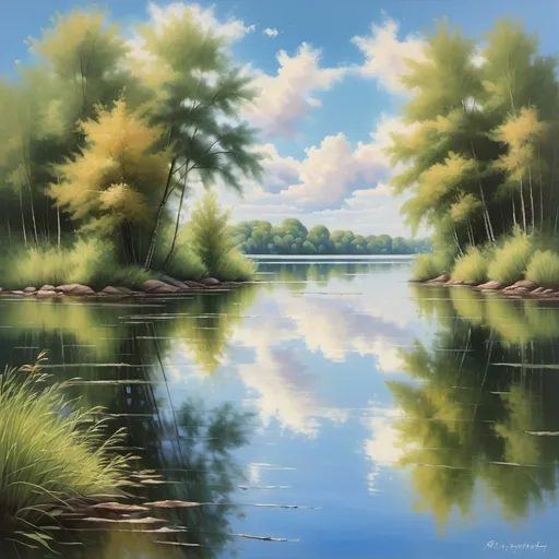 Prompt: (freshwater lake painting), serene landscape, tranquil water reflecting the sky, lush green trees lining the shore, soft brush strokes creating a calming effect, bright blue sky with fluffy clouds, warm color tones, high depth, vibrant hues, ultra-detailed, peaceful ambiance, captures the beauty of nature, impressionistic style