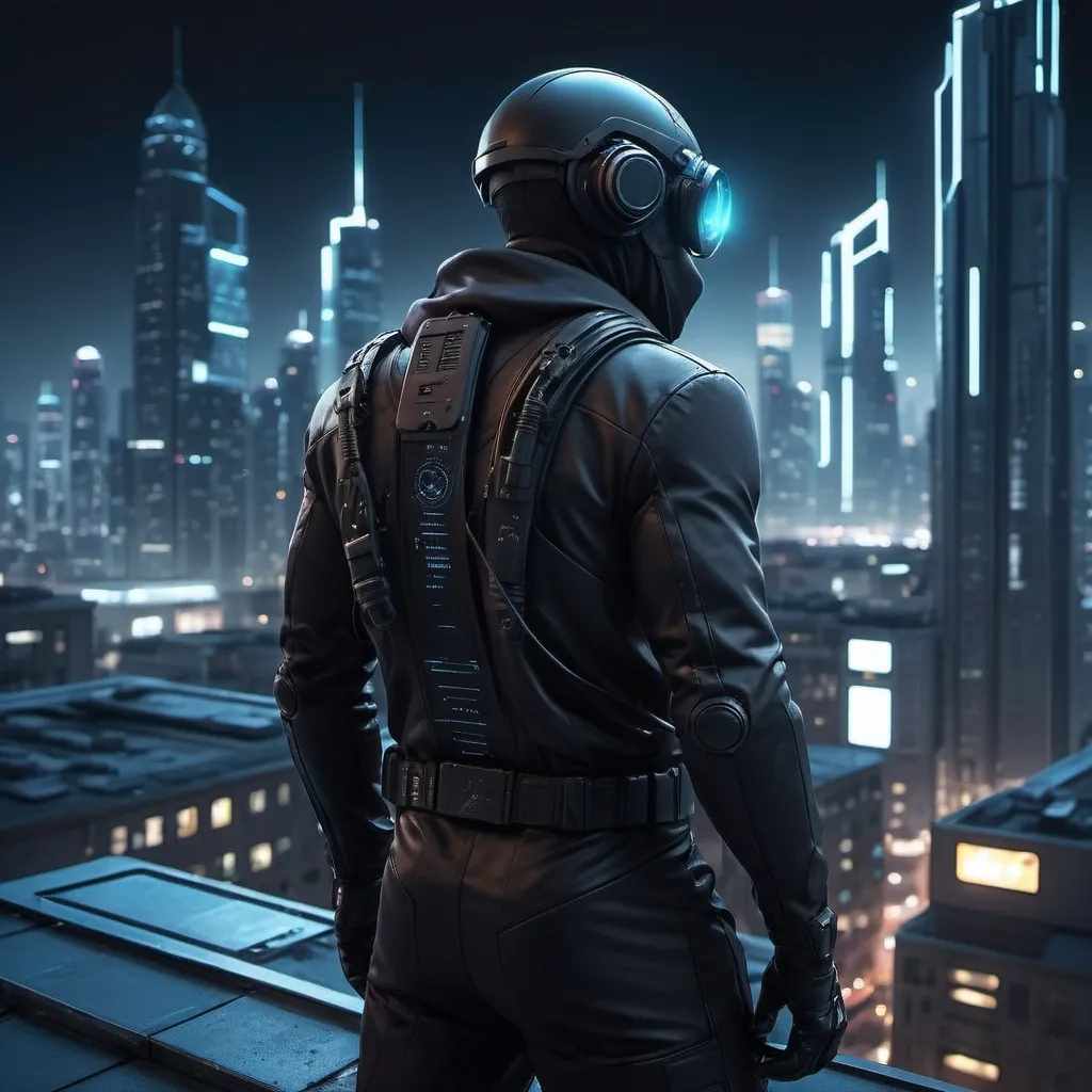 Prompt: Spy on futuristic city rooftop, night scene, high-tech spy gear, urban cyberpunk setting, sleek and stealthy figure, detailed cityscape, dramatic lighting, highres, ultra-detailed, cyberpunk, futuristic, stealthy, dramatic lighting, sleek design