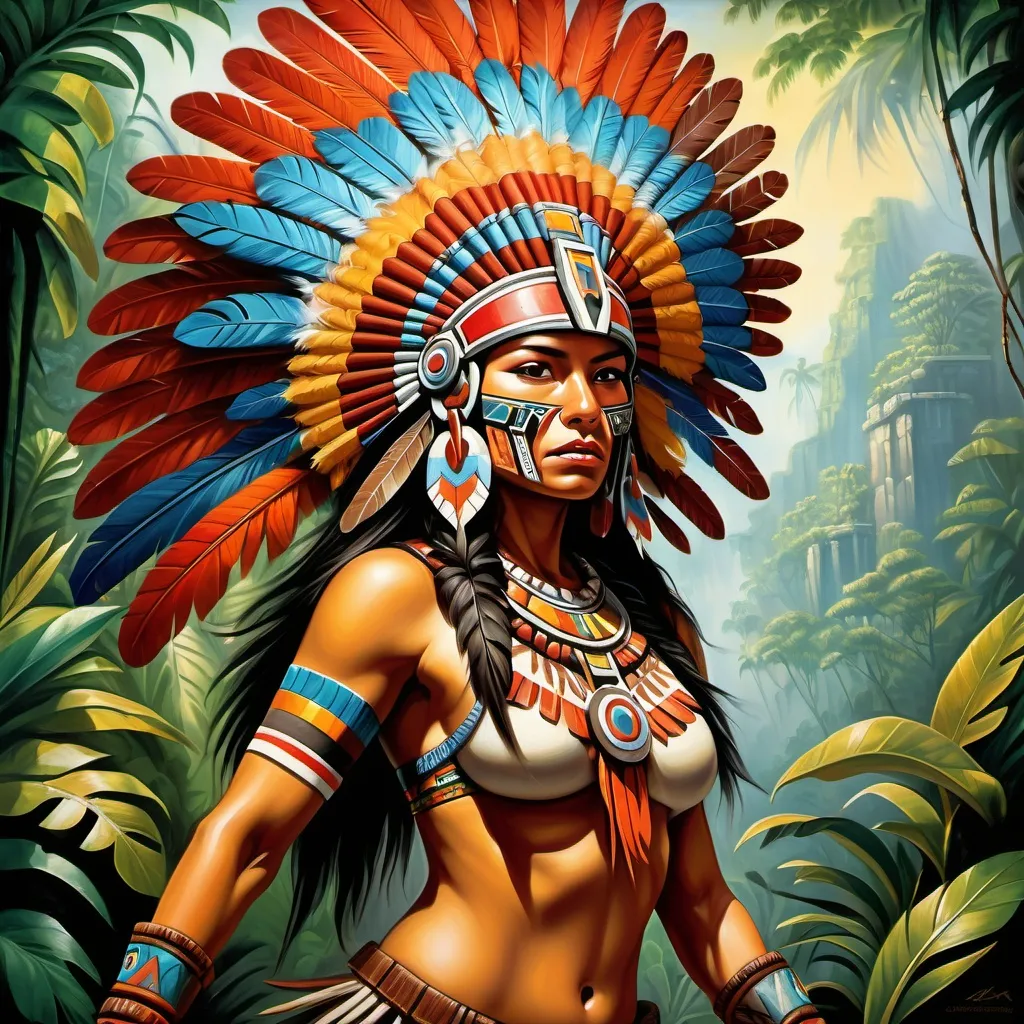 Prompt: legendary female Aztec warrior, high-quality oil painting, vivid colors, intricate details, dynamic pose in traditional warrior attire, adorned with ornate feather headdress, surrounded by lush jungle landscape, fierce expression, culturally inspired symbols and patterns, dramatic lighting enhancing the heroism of the figure, immersive and awe-inspiring ambiance, ultra-detailed, epic composition, a sense of strength and valor.