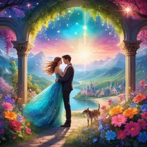 Prompt: (vibrant fantasy scene), the exhilarating moment of love, vivid bursts of color, dreamy atmosphere filled with flowers, soft glowing light, enchanting landscapes, whimsical details, emotional expressions of surprise and joy, magical elements like sparkling stars or glowing creatures, lush backgrounds inviting awe, (highly detailed) enchanting fantasy style.