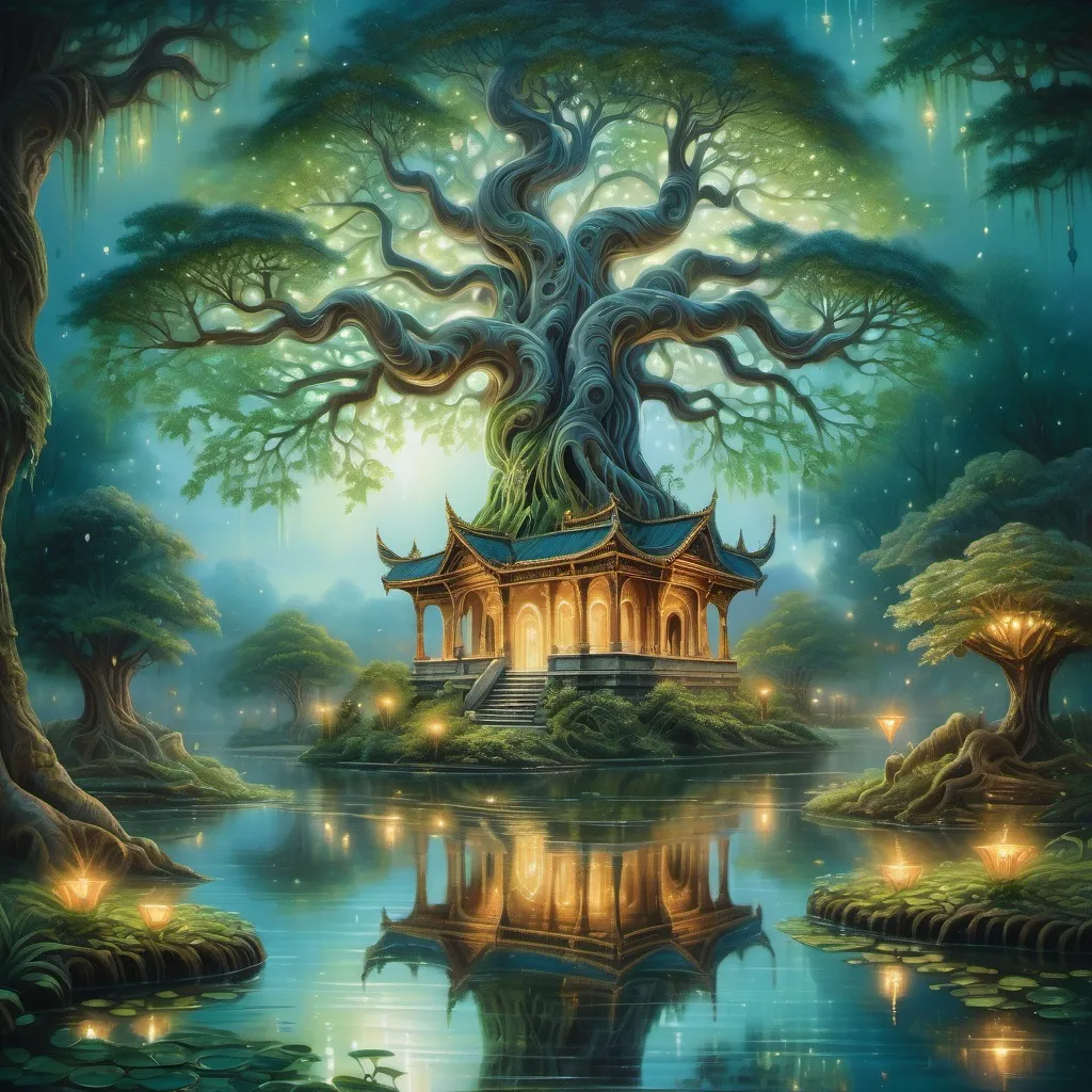 Prompt: Enchanting painting of a magical old tree and a majestic temple, intricate details with swirling, iridescent leaves, and soft, glowing lights. The background features lush greenery and a shimmering pond reflecting the enchanting atmosphere, creating a serene and mystical ambiance. Bathed in warm, ethereal light, showcasing the tree's ancient, twisted roots. Ultra-detailed, masterpiece quality, capturing the charm of a fairytale setting.