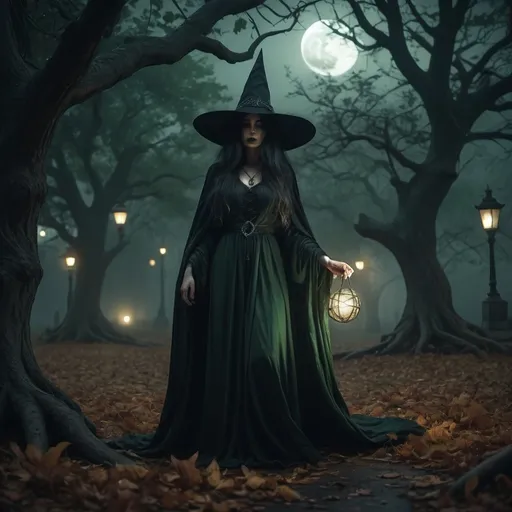 Prompt: A person sees a (dark witch) in the park, eerie atmosphere, dim moonlight, mysterious shadows, ominous and foreboding mood, twisted trees, fog rolling through, fallen leaves scattered, ancient rustic aesthetic, somber color tones, dark greens and blacks dominating, intricate witch's robes, long flowing hair, glowing magical orb, surrounded by night time flora, ultra-detailed, 4K rendering, cinematic lighting, dramatic and high contrast detailing.