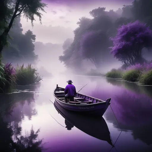 Prompt: Fisherman on a boat, (enchanting river), (purple tones), serene water reflections, surrounded by lush greenery, soft mist enveloping the scene, atmospheric lighting, (magical ambiance), tranquil and calming mood, detailed textures of boat and fishing gear, ultra-detailed, HD quality.