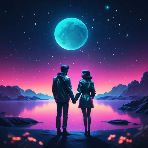 Prompt: a couple holding and gazing at each other, (under a starry night sky), retro futuristic style, (vibrant neon colors), dreamy ambiance, (futuristic elements), twinkling stars, (soft glow), romantic atmosphere, (nostalgic vibe), high detail, cinematic composition, beautifully contrasted lighting, mood of warmth and love, minimalist futuristic background.