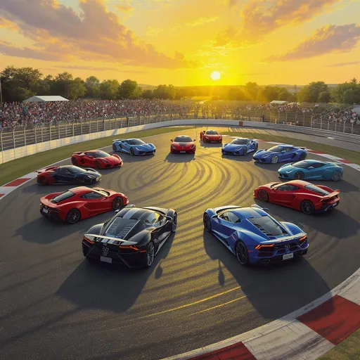 Prompt: A vibrant and dynamic high-quality painting showcasing a circle of sleek sports cars, each painted in striking colors like deep red, electric blue, and glossy black. The setting is a sun-drenched racetrack, where the asphalt glimmers with tire marks under the warm golden light of a late afternoon sun. Shadows stretch playfully beneath the cars, enhancing their polished exteriors. Surrounding the circle, a cheering crowd is faintly visible, bathed in the warm glow of a fading summer sky, while ethereal clouds drift lazily above. This scene captures the thrilling energy of performance and luxury, rendered in a photorealistic style that highlights the intricate details and sheen of the cars.