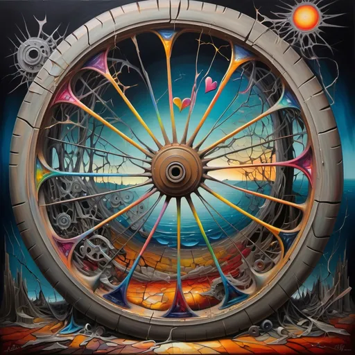 Prompt: (surrealism painting) a broken wheel, a shattered heart, vibrant colors, vivid dreamscape, intricate details, whimsical forms, ethereal atmosphere, symbolic representation, emotional depth, intertwining elements, moody shadows and lights, high depth richness, reflecting chaos and beauty, ultra-detailed, evocative imagery.