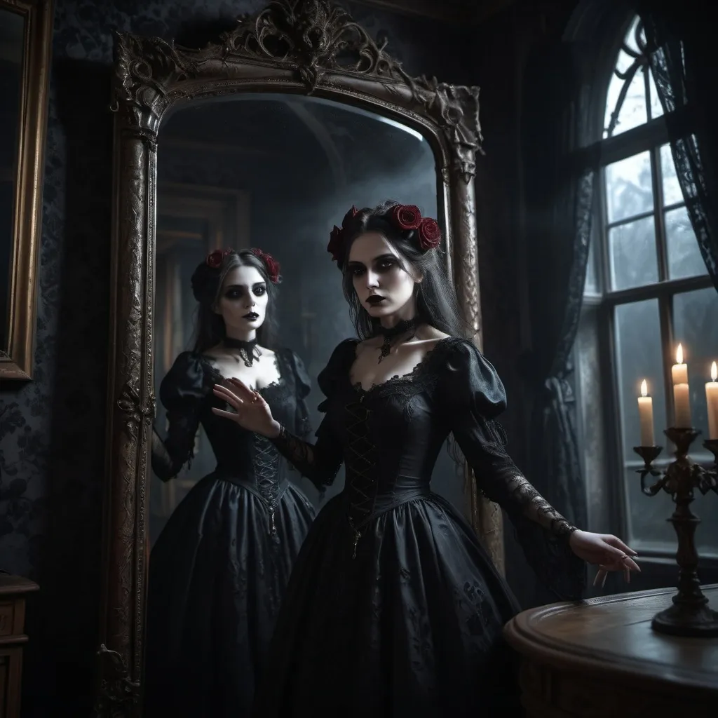 Prompt: (gothic witch trapped in a mirror), a lady reaching out, (haunting expressions), ethereal glow, black roses surrounding the mirror, moody lighting, dark and eerie atmosphere, Victorian dress on the lady, intricate mirror design, eerie reflections, gothic room background, deep shadows and contrasts, (highly detailed), (ultra-detailed), (4K resolution)