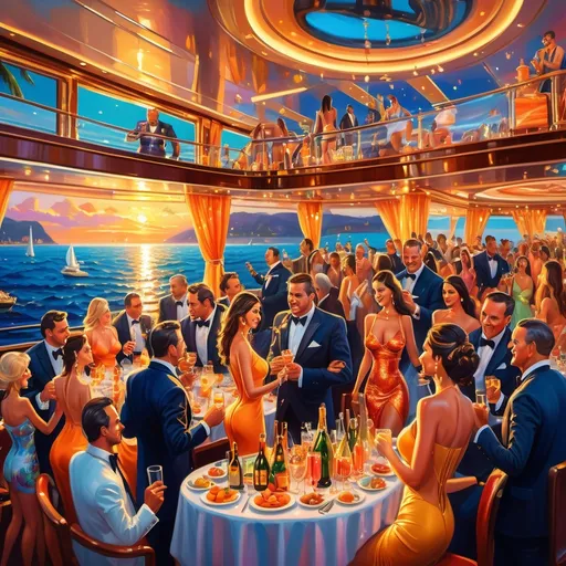 Prompt: (Oil painting of a mega yacht celebration), vibrant colors, extravagant decorations, luxurious ambiance, sparkling lights illuminating the scene, people enjoying drinks and revelry, high-energy atmosphere, exquisite sea view at sunset, party themes, opulent furnishings, tropical decorations, 4K ultra-detailed, captivating and festive environment, joy and celebration in the air.