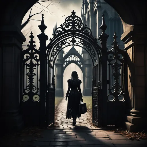 Prompt: (lady walking out of a gothic gate with luggage), mysterious ambiance, (dark, moody colors), intricate gothic architecture with ornate details, symbolic shadows, dramatic lighting accentuating the scene, echoing footsteps, hauntingly beautiful atmosphere, lush blurred background, ultra-detailed, cinematic qualities, evoking curiosity and intrigue.