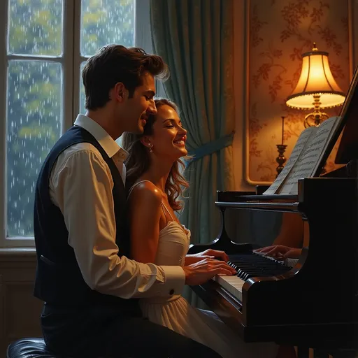 Prompt: A high-quality oil painting depicting a couple deeply immersed in the enchanting world of music at a grand piano. The scene is set in a softly lit, elegant room adorned with rich, deep colors, accentuated by the warm glow of a vintage chandelier casting gentle highlights across their expressions. The man, lost in concentration, plays with skill, his fingers dancing over the ivory keys, while the woman, illuminated by the light, gazes up at him with a serene smile, her hair gently cascading over her shoulders. The mood is intimate and romantic, enhanced by a faint sound of raindrops tapping against the window, creating a cozy atmosphere. Rich textures in the oil paint bring depth to their joyful interaction, capturing a timeless moment of love and harmony.