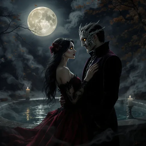 Prompt: A high-quality gothic painting of a couple in a Halloween costume stands beside an enchanting, moonlit pool. The air is thick with mystery, as swirling mists dance above the water's surface, reflecting the pale glow of a harvest moon. The couple, adorned in intricate costumes—she in a deep crimson gown with black lace accents, her raven hair cascading like a waterfall, and he in a tailored velvet suit with an ornate silver mask—exudes an air of elegance and intrigue. Their eyes, filled with playful mischief, sparkle as they share a knowing glance, surrounded by gently flickering candlelight and the rustle of autumn leaves. Shadows stretch and sway around them, enhancing the atmosphere of magic and romance, captured in a cinematic, photorealistic style.
