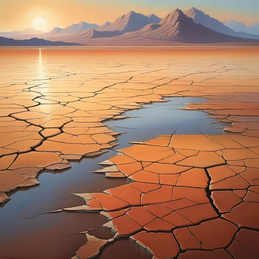 Prompt: (Painting of a dry lake), expansive cracked earth, limited water reflections, soft sunset colors melting into darker hues, distant mountains casting long shadows, scattered parched flora struggling in contrast, serene yet melancholic ambiance, oversatured golden and orange gradients, evoking feelings of aridity and longing, (4K), ultra-detailed landscape, sharp contrasts between light and shadow.