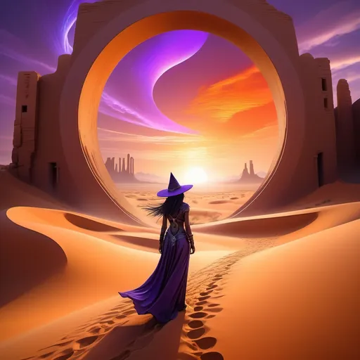 Prompt: (mystical witch), traveling through a (futuristic portal), (ancient desert landscape), vibrant sunset colors, deep orange and soft purple hues reflecting off sand dunes, ethereal and mystical ambiance, a swirl of magical energy within the portal, surrounded by ancient ruins, ultra-detailed, high-definition, capturing an intriguing blend of fantasy and sci-fi elements.