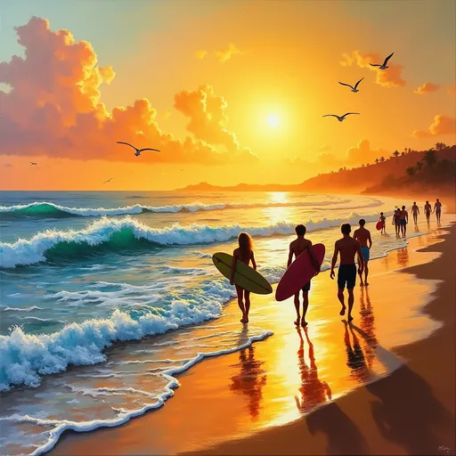 Prompt: A vibrant, high-quality oil painting capturing a sun-kissed beach scene at golden hour, where the warm hues of a setting sun blend seamlessly with the cool blues of the ocean. Silhouetted against the amber sky, groups of surfers stroll along the glistening shore, their animated expressions reflecting a mix of excitement and camaraderie. Waves crash gently, foamy white edges sparkling as they reach the sand, while distant seagulls glide gracefully above. Playful hints of color in the surfers' boards contrast with the soft, sandy tones underfoot. The warm light casts long shadows, enhancing the feeling of a perfect day spent in harmony with nature. The overall ambiance is lively and carefree, resembling an impressionist style with brushstrokes conveying movement and energy.