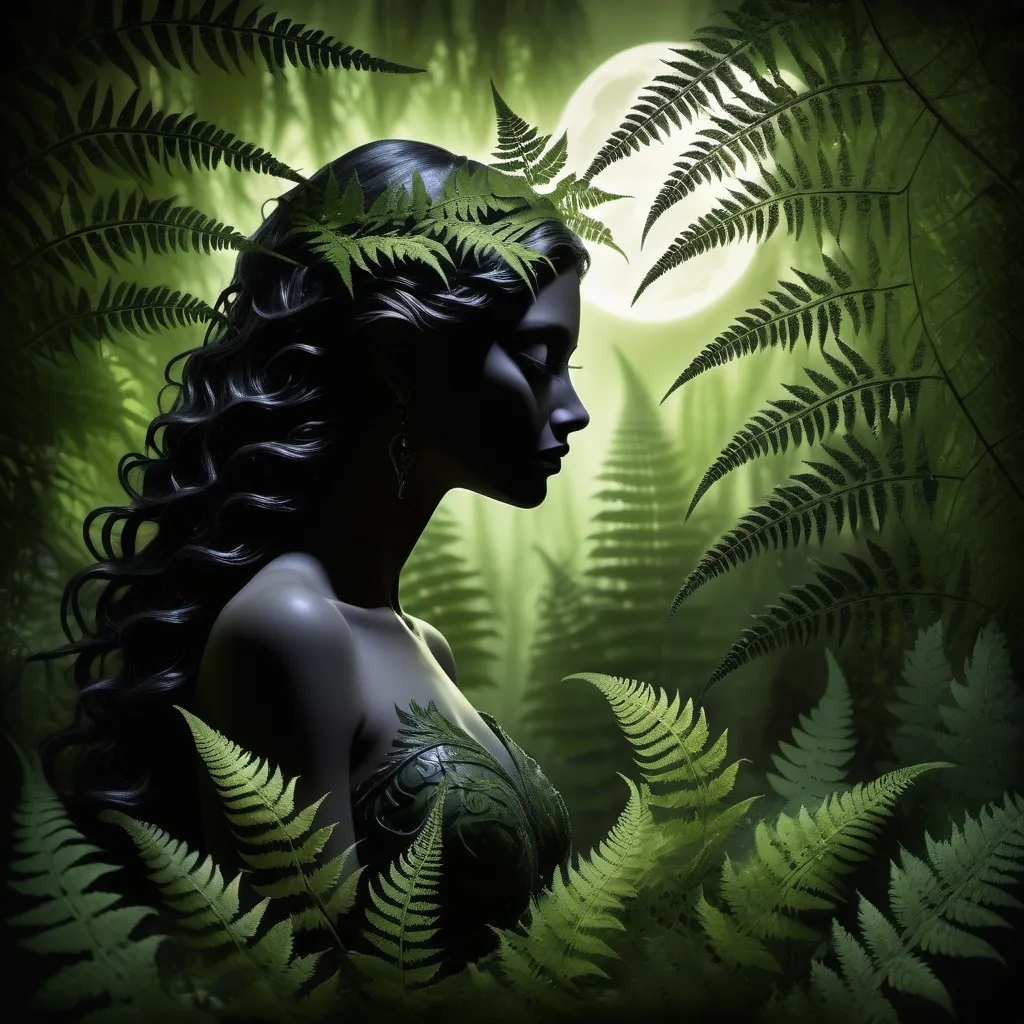 Prompt: (goddess of darkness), ethereal presence, silhouette behind lush green forest ferns, (mysterious ambiance), soft moonlight filtering through, deep shadows, captivating elegance, enchanting and haunting atmosphere, intricate leaf patterns, heightened realism, high detail, (ultra-detailed, mystical setting), enchanting allure.