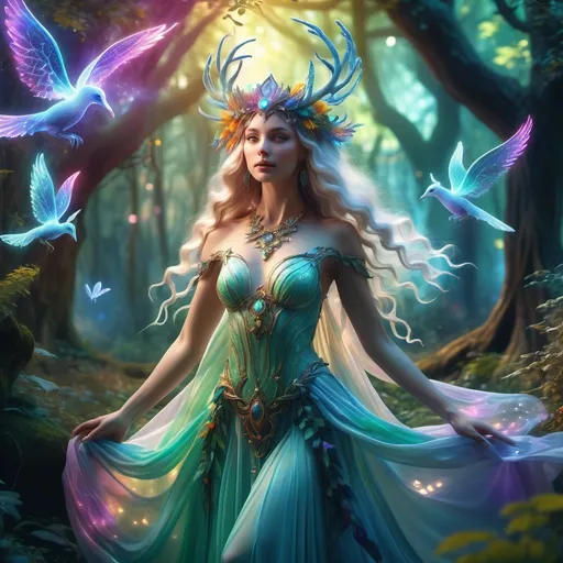 Prompt: (Goddess of magical creatures), ethereal, enchanting aura, surrounded by various of fantastical beings, vibrant and shimmering colors, mystical lighting casting soft shadows, lush enchanted forest background, whimsical atmosphere, high details, breathtaking beauty, captivating expression, celestial attire flowing gracefully, aura of power and grace, embodying nature's fantastical spirit, 4K ultra-detailed.