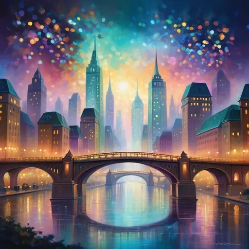 Prompt: Painting of an enchanting metropolis bridge, (stunning architecture), under (vibrant) colorful bokeh sky, (dreamlike ambiance), soft glimmers of light reflecting, (breathtaking depth), sprawling cityscape in the background, cool tones blending seamlessly, ethereal atmosphere, (night scene), ultra-detailed, cinematic, romantic vibe.