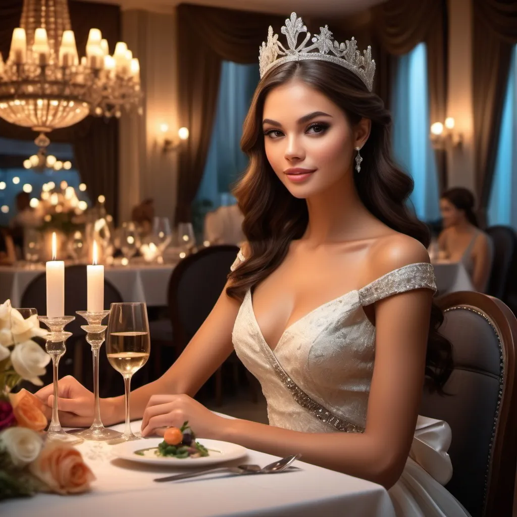 Prompt: a beauty queen is dining gracefully, in an (elegant restaurant), ambient candlelight, soft (romantic lighting), plush decor, gourmet dishes, sophisticated attire, enticing aromas, a sense of luxury and romance, serene atmosphere, intricate table settings, high-quality textures, dreamy ambiance, ultra-detailed,