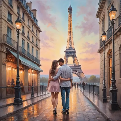 Prompt: Young couple at Eiffel Tower, oil painting, soft pastel colors, dreamy atmosphere, detailed architecture,  high quality, impressionism, soft tones, romantic, tender moment, fancy, detailed architecture, professional, warm lighting