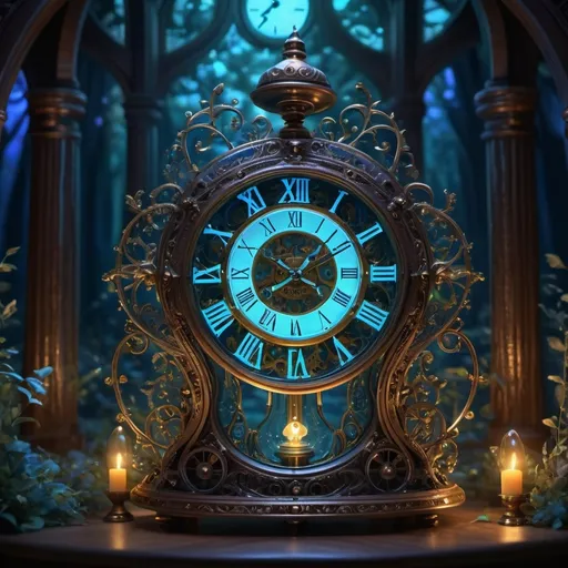 Prompt: (magical clock), intricate design, glowing elements, luminous gears, (fantastical) ambiance, rich colors, deep blues, swirl patterns, ethereal hourglass, enchanted forest surroundings, soft, mystical lighting, detailed craftsmanship, whimsical atmosphere, enchanting details, (highly realistic), captured in 4K, ultra-detailed, dreamlike quality.