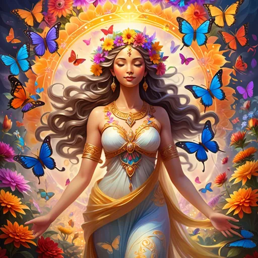 Prompt: Goddess of love and freedom, (ethereal and graceful), symbolizing harmony and liberation, surrounded by vibrant flowers and vivid butterflies, radiating warmth and joy, dynamic swirling light, serene atmosphere, intricate patterns in the background, (floral motifs) interwoven gracefully, high-detail, 4K quality, capturing the essence of beauty and empowerment.