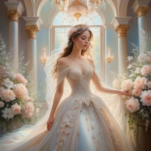 Prompt: Oil painting, a breathtaking lady in a magnificent wedding gown, shimmering with intricate lace and delicate beading, standing gracefully amongst blooming flowers, soft pastel colors soaring, heavenly atmosphere full of love and joy, and gentle light cascading from an ethereal chandelier above, ultra-detailed, charming scenery evoking serenity and celebration on a momentous ceremony day.