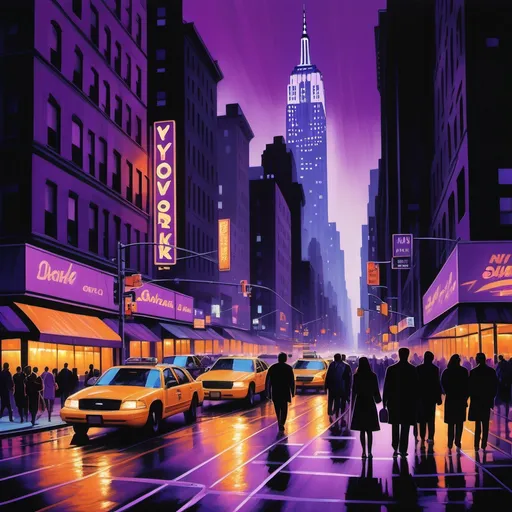 Prompt: New York street scene, (enchanting purple tone), vibrant city lights, evening ambiance, urban landscapes, bustling streets, dynamic energy, silhouetted skyscrapers, rich shadows, captivating reflections, ethereal atmosphere, pedestrians in motion, vivid neon signs, enchanting cityscape, (ultra-detailed illustration), cinematic depth, moody yet inviting differences between dark and light, high-quality textures.