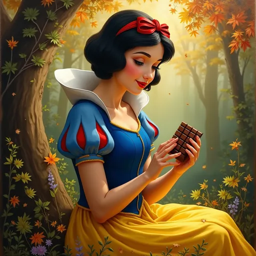Prompt: An enchanting oil painting of Snow White, her porcelain skin illuminated by soft, warm light, as she sits amidst a lush, whimsical forest. The vibrant colors of her classic blue and yellow dress contrast beautifully with the deep greens and browns of her natural surroundings. Delicately holding a luxurious Dubai chocolate bar, she gazes thoughtfully at the treat, a playful smile gracing her lips. Flurries of autumn leaves dance around her in the gentle breeze, hinting at a serene sunset that casts a golden glow across the scene. The rich textures of the painting evoke a sense of warmth and nostalgia, perfectly blending fairy tale charm with a modern indulgence.