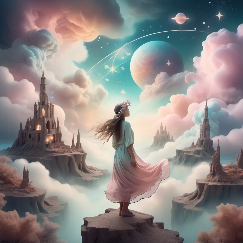 Prompt: (dream traveler), a surreal figure surrounded by dreamy landscapes, ethereal colors, (soft glowing lights) illuminating the scene, whimsical clouds and stars dancing across the sky, (mystical atmosphere), muted colors with hints of pastel tones, capturing the essence of exploration and fantasy, blending reality and imagination, high quality, (ultra-detailed), enchanting and otherworldly vibe.