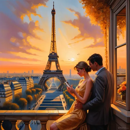 Prompt: (a painting of a lady looking at the photo of a heartfelt scene) a couple  at the Eiffel Tower, intricate emotions, (jet-setting romance) set against a stunning Parisian skyline, warm golden sunset glow, romantic ambiance, the iconic Eiffel Tower in the background, softly lit city lights, vibrant city atmosphere, high detail, ultra-detailed, cinematic quality, expressive facial features, contrasting feelings of joy and deceit.