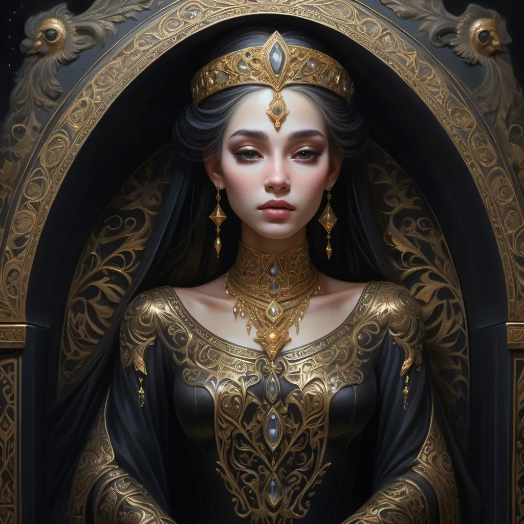 Prompt: (a painting of an ancient princess in a black coffin), ethereal and serene atmosphere, intricate details of her delicate features, flowing attire adorned with gold accents, soft, ambient lighting casting gentle shadows, dark and rich color tones emphasizing depth, ornate coffin design with ancient carvings, mystical background, high quality, ultra-detailed.