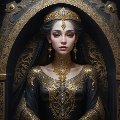 Prompt: (a painting of an ancient princess in a black coffin), ethereal and serene atmosphere, intricate details of her delicate features, flowing attire adorned with gold accents, soft, ambient lighting casting gentle shadows, dark and rich color tones emphasizing depth, ornate coffin design with ancient carvings, mystical background, high quality, ultra-detailed.