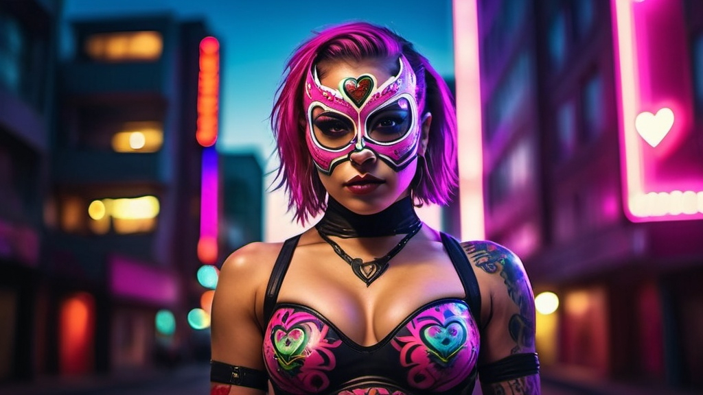 Prompt: A portrait of a beautiful Lovepunk luchador girl