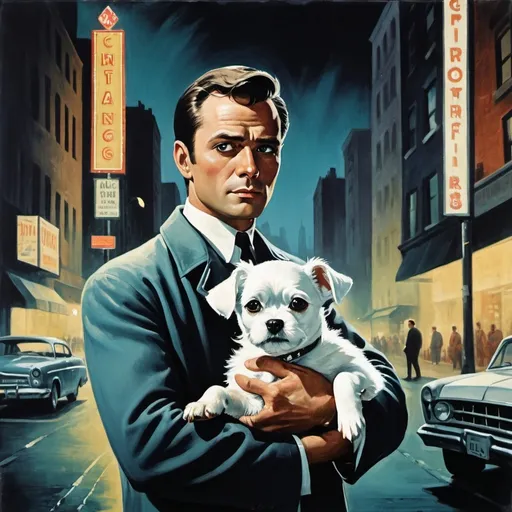 Prompt: A 1960’s vintage movie poster of man in his mid 30's holding a small white dog on a street corner in a big city, cinematic, poster, painting, dark fantasy, vibrant, illustration 