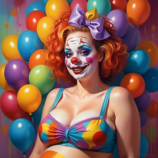 Prompt: Beautiful pregnant clown woman in shapewear, oil painting, vibrant colors, realistic portrait, detailed facial features, professional, high quality, artistic, colorful, bright lighting, vibrant tones, detailed textures, realistic portrayal, pregnancy glow, clown makeup, shapewear, happy expression, floral background, highres, vibrant, oil painting, detailed portrait, vivid colors, professional lighting